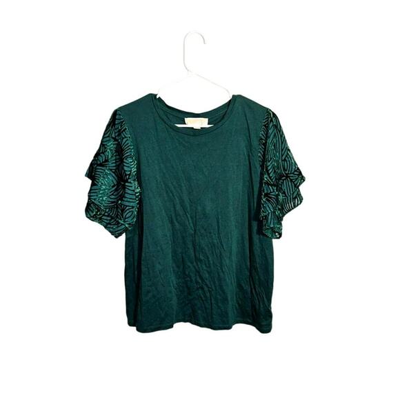 Michael Kors Womens Green Top with Velvet Sleeves Size Large - Picture 1 of 6